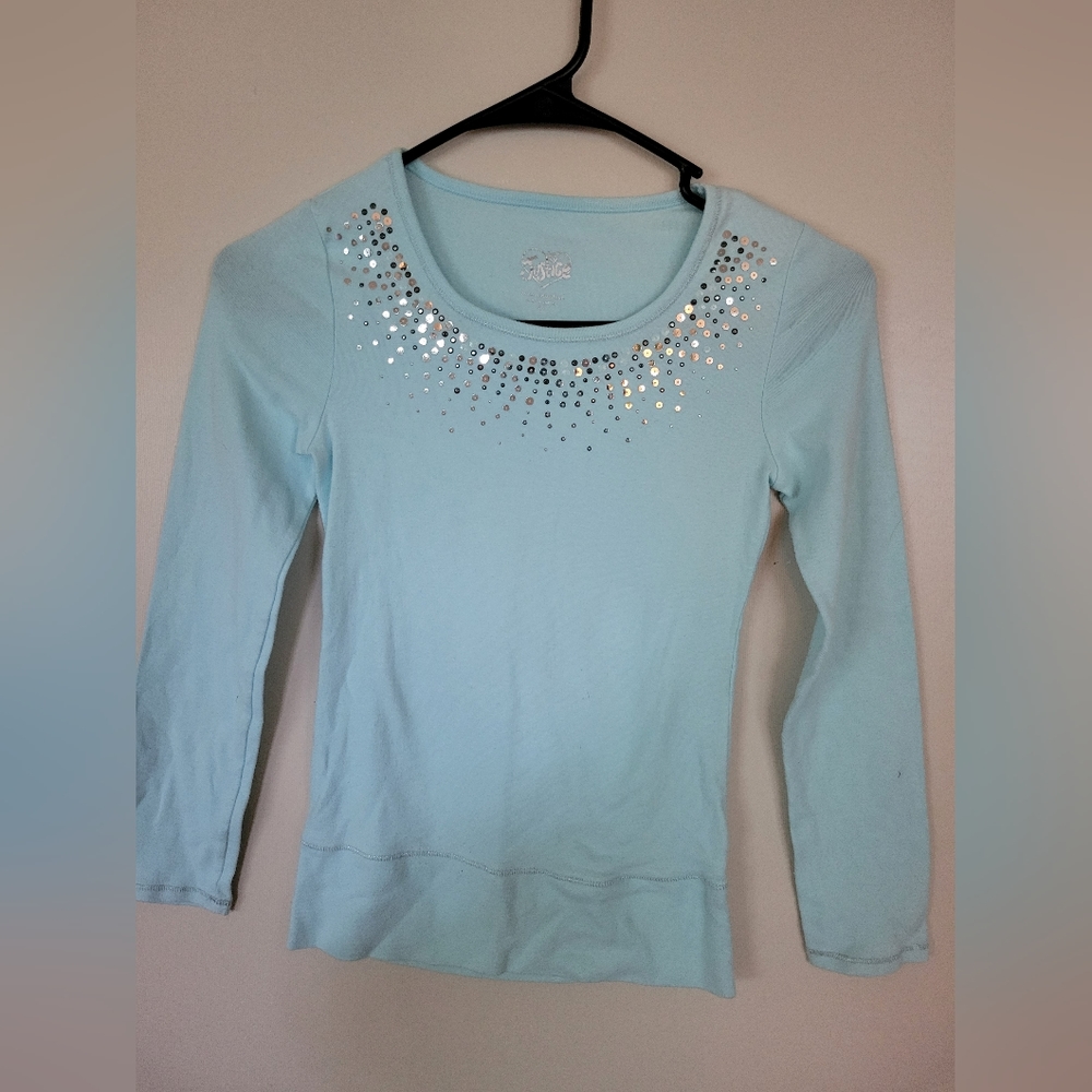 Justice Girls Baby Blue Long Sleeve Sequin Detail Top Size 10